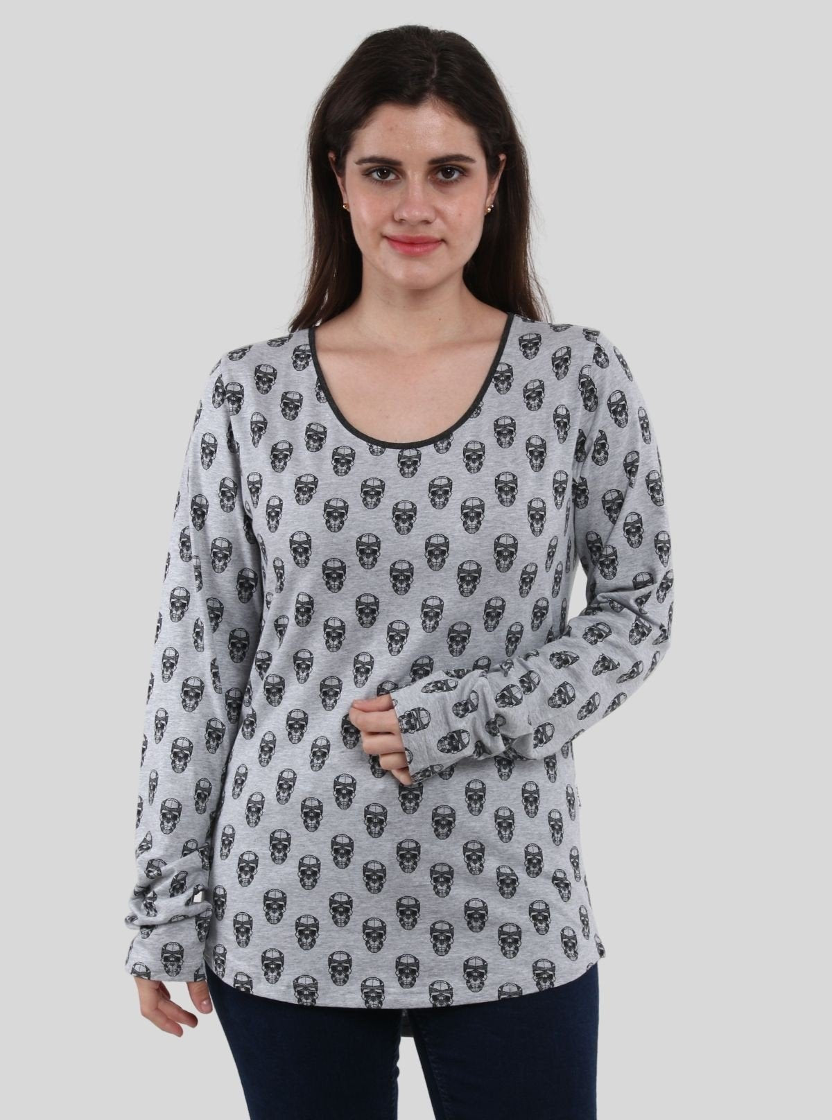 Women's Grey Melange Skull Print Long Sleeve Cotton Blend Knit Top - Boer and Fitch