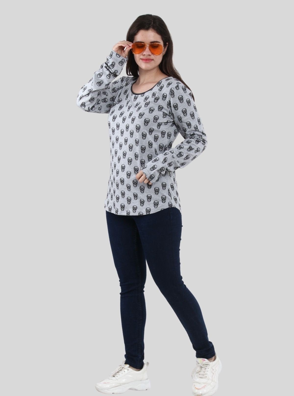 Women's Grey Melange Skull Print Long Sleeve Cotton Blend Knit Top - Boer and Fitch