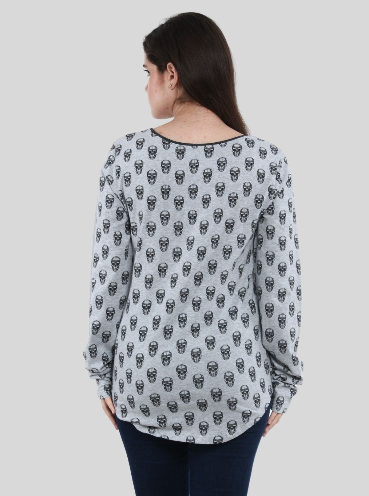 Women's Grey Melange Skull Print Long Sleeve Cotton Blend Knit Top - Boer and Fitch