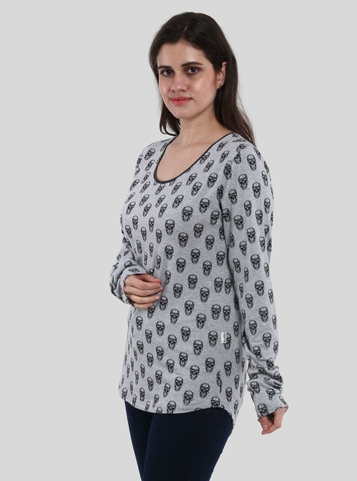 Women's Grey Melange Skull Print Long Sleeve Cotton Blend Knit Top - Boer and Fitch