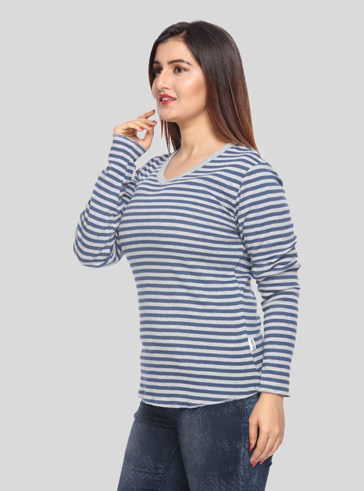 Women’s Grey Melange Striped Long Sleeve Cotton Jersey Top | Boer & Fitch - Boer and Fitch