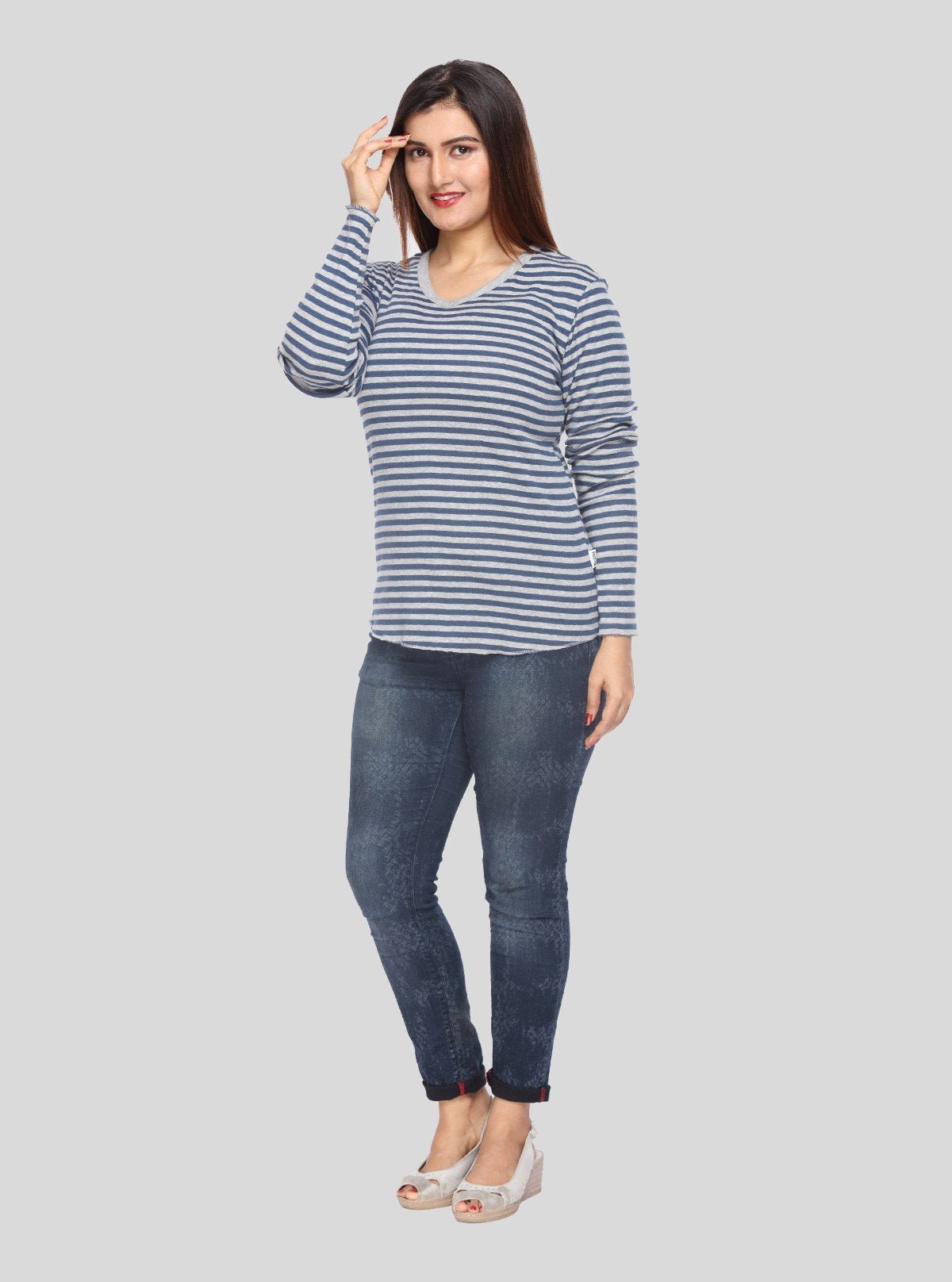 Women’s Grey Melange Striped Long Sleeve Cotton Jersey Top | Boer & Fitch - Boer and Fitch