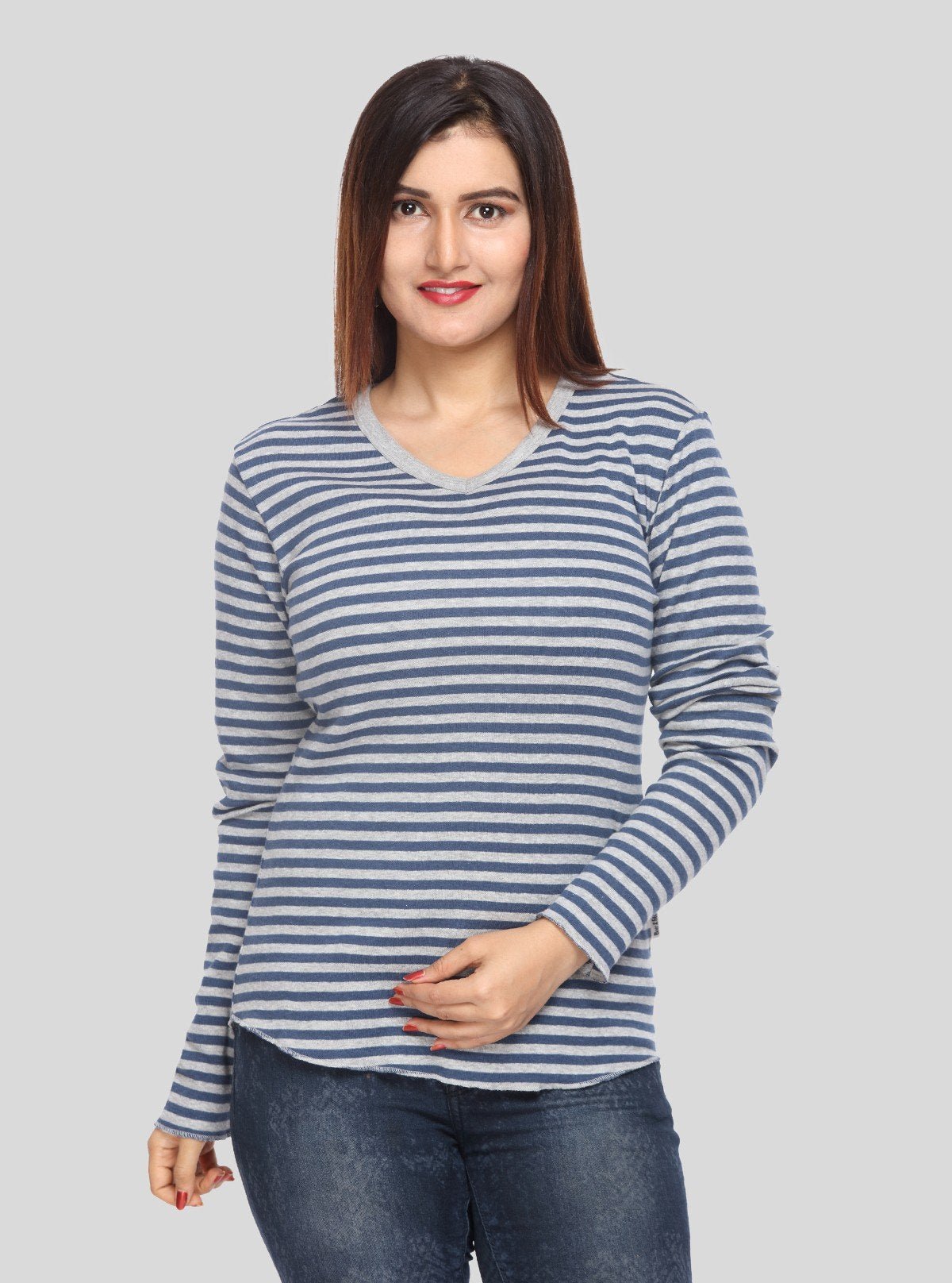 Women’s Grey Melange Striped Long Sleeve Cotton Jersey Top | Boer & Fitch - Boer and Fitch
