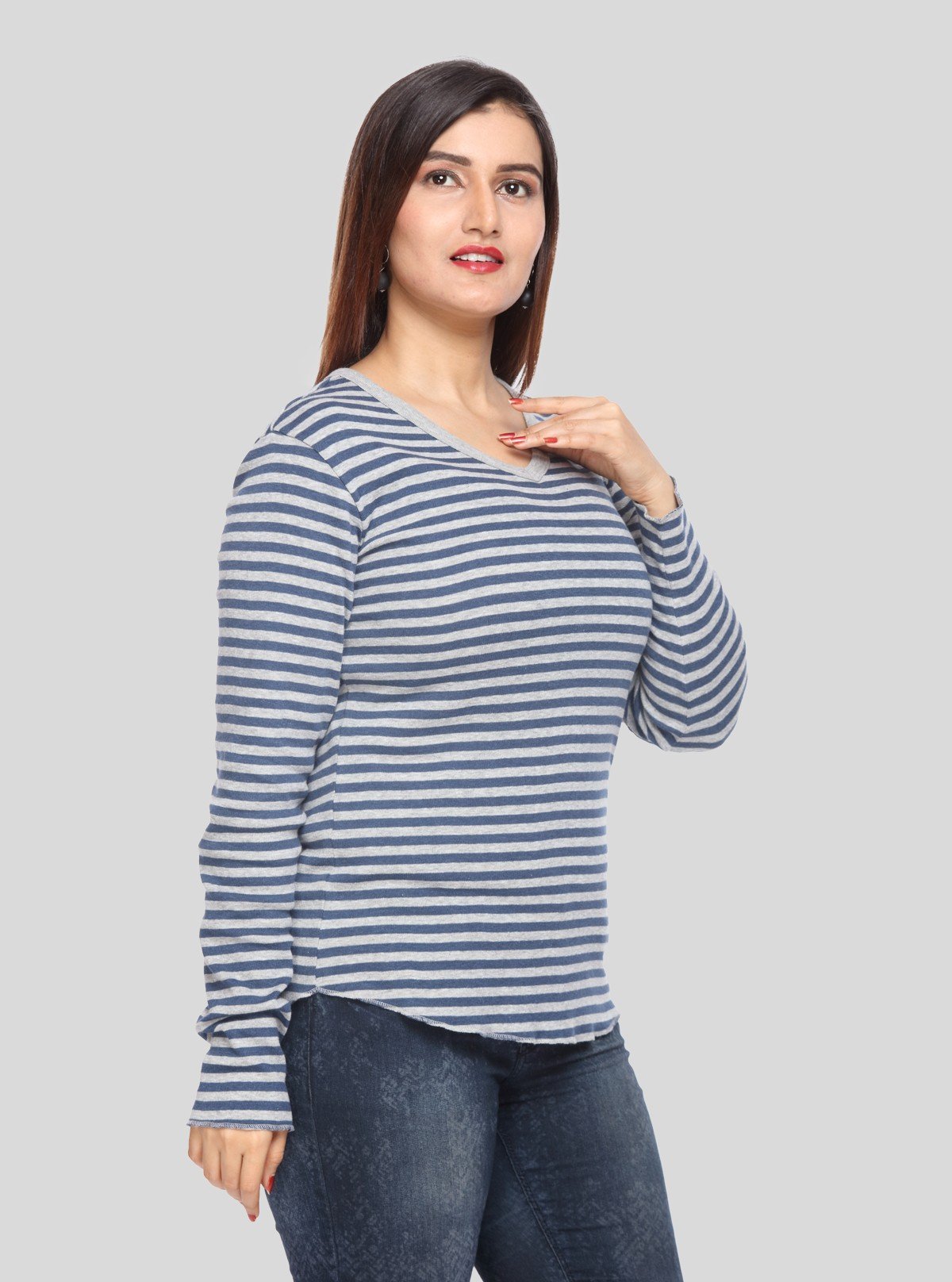 Women’s Grey Melange Striped Long Sleeve Cotton Jersey Top | Boer & Fitch - Boer and Fitch