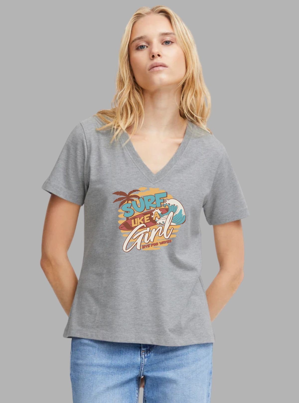 Women's Grey Melange Surfer Print Cotton Jersey Short Sleeve T-Shirt by Boer and Fitch - Boer and Fitch