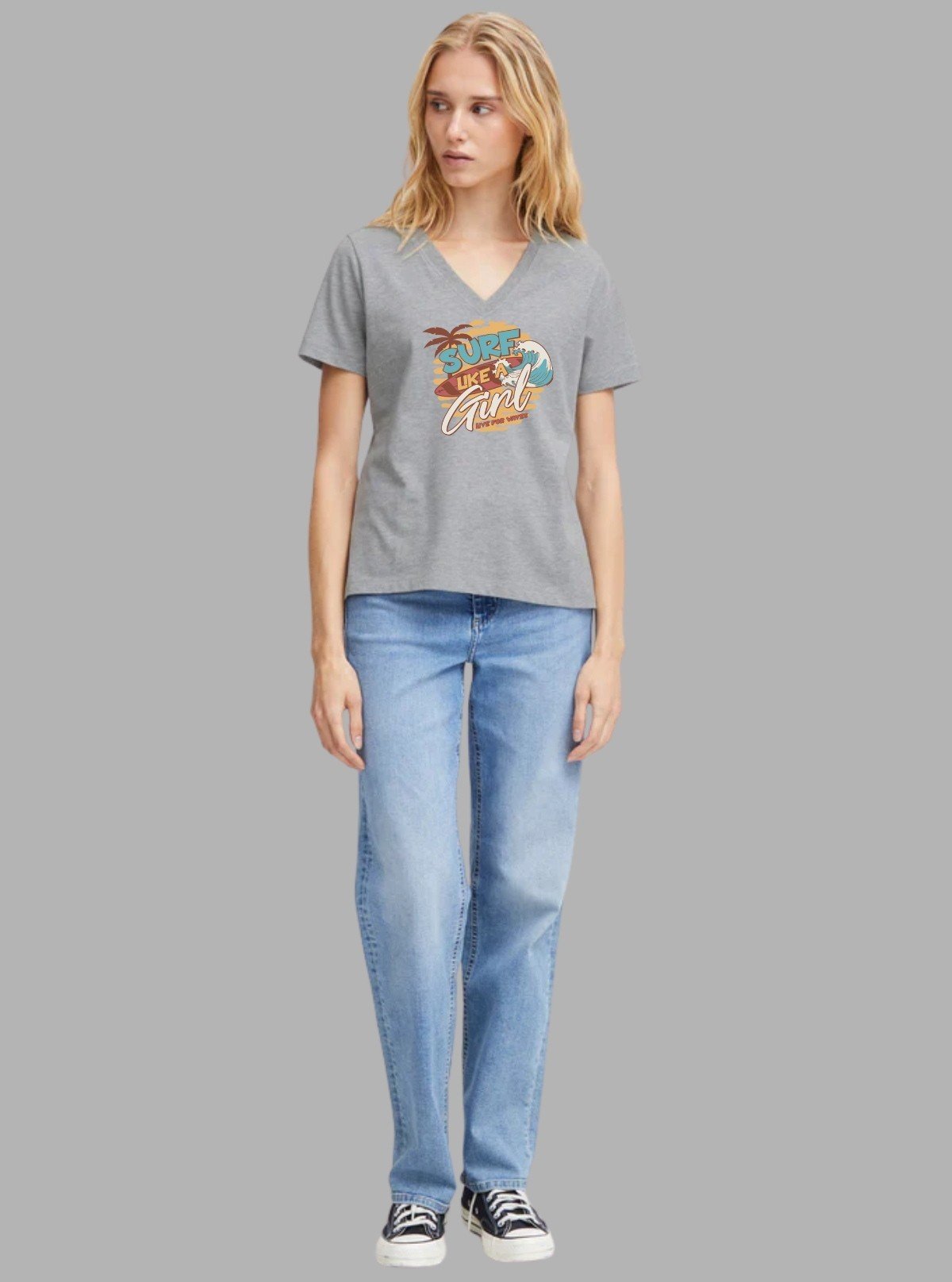 Women's Grey Melange Surfer Print Cotton Jersey Short Sleeve T-Shirt by Boer and Fitch - Boer and Fitch