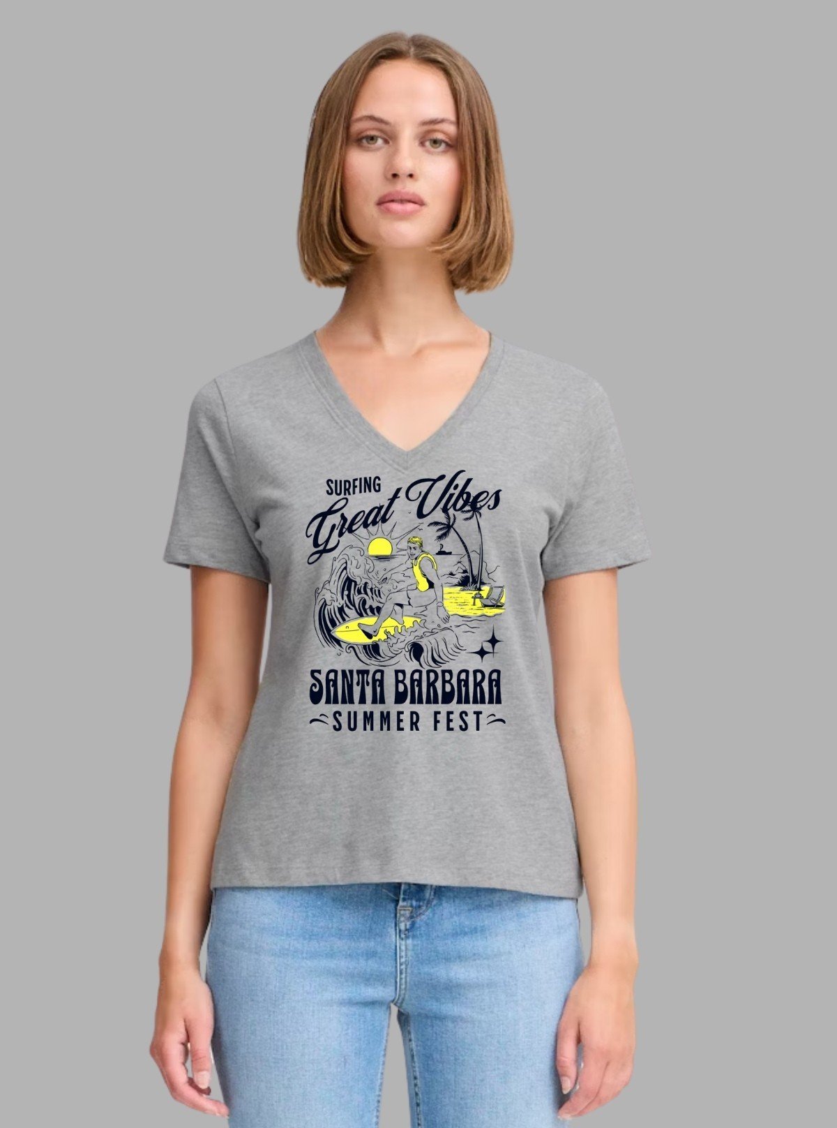 Women's Grey Melange V - Neck Nature Print Short Sleeve Cotton Jersey T-Shirt by Boer and Fitch - Boer and Fitch