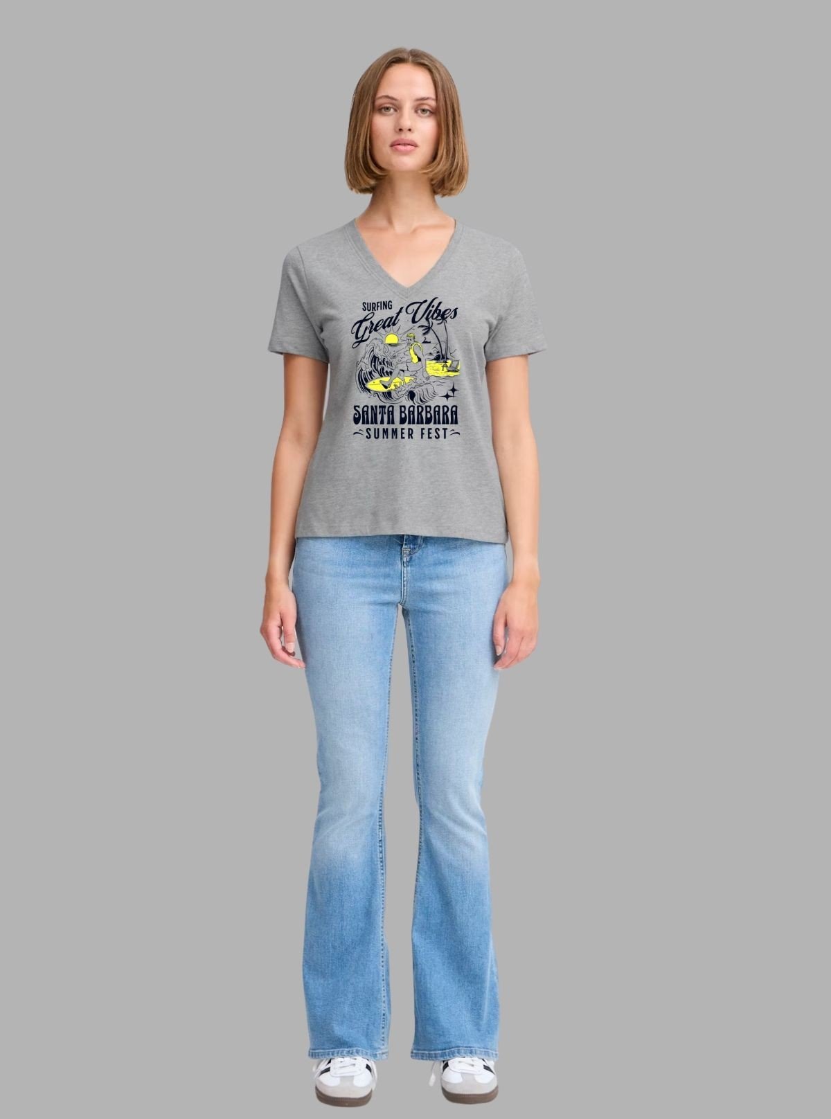 Women's Grey Melange V - Neck Nature Print Short Sleeve Cotton Jersey T-Shirt by Boer and Fitch - Boer and Fitch