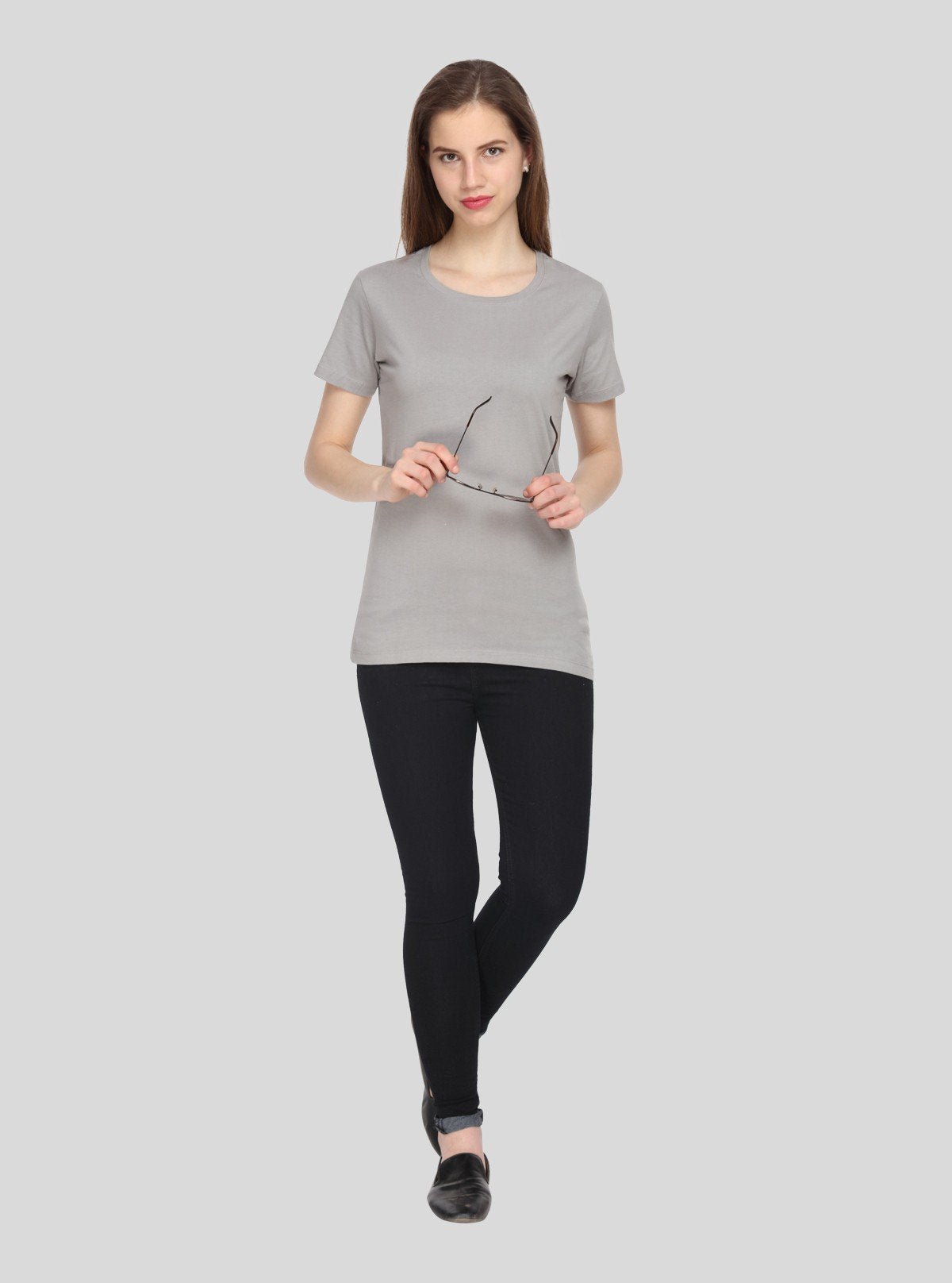 Women's Grey Solid Crew Neck Cotton Jersey Short Sleeve T-Shirt by Boer and Fitch - Boer and Fitch