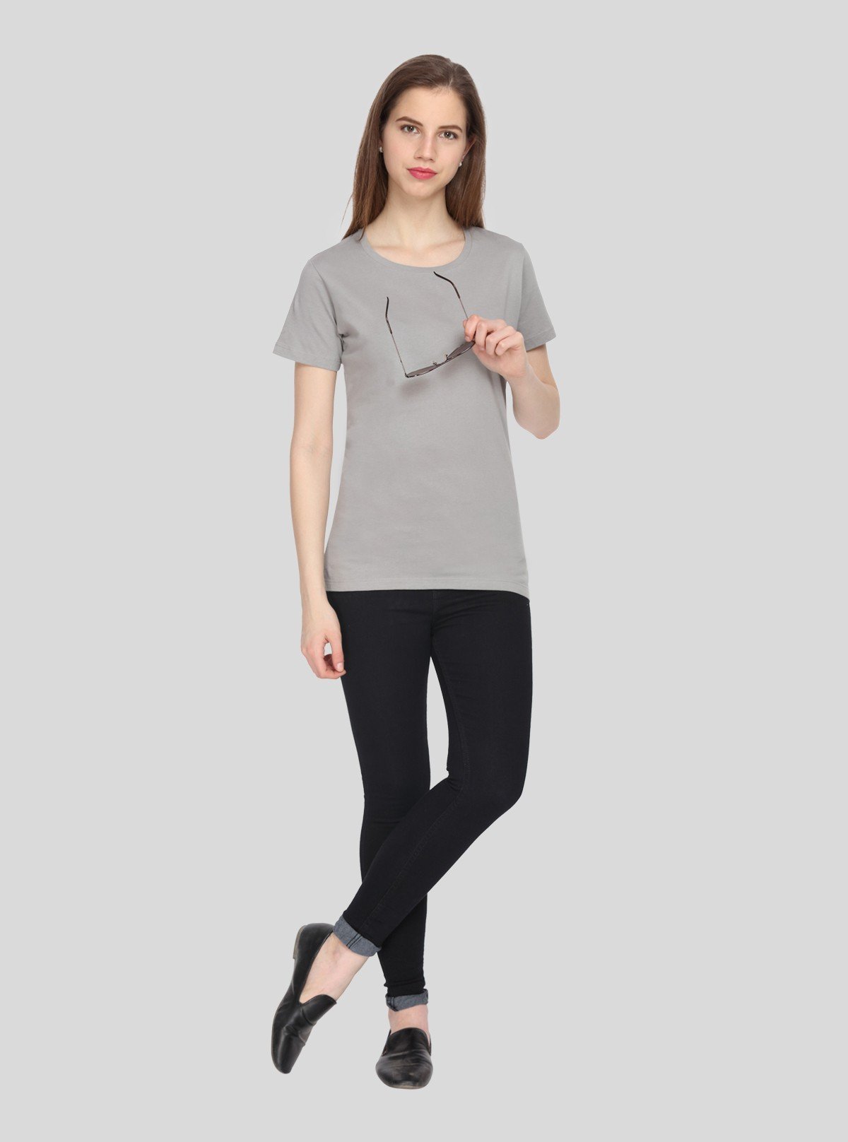 Women's Grey Solid Crew Neck Cotton Jersey Short Sleeve T-Shirt by Boer and Fitch - Boer and Fitch