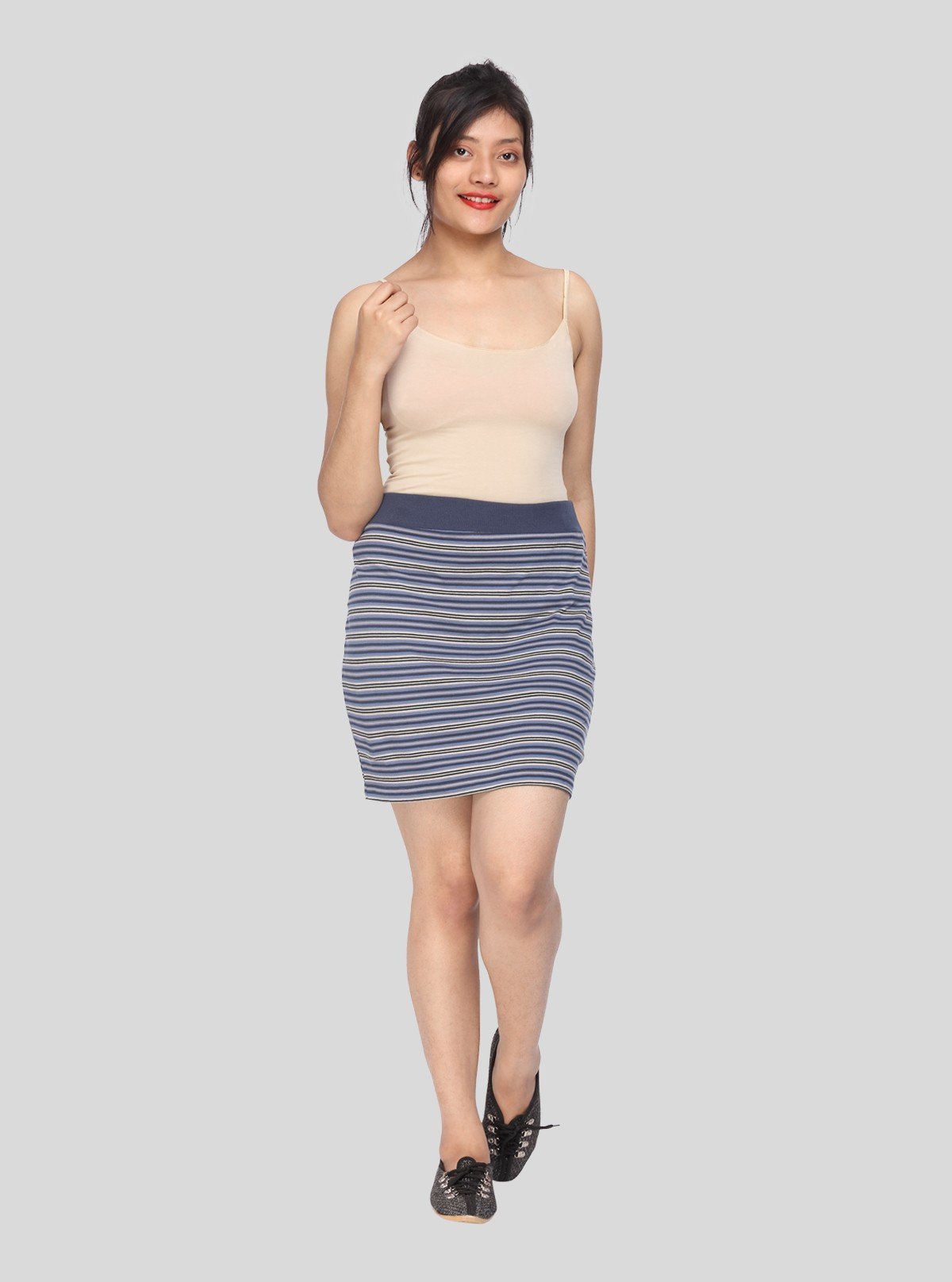 Women's Grey Striped Cotton Jersey Skirt – Casual Comfort with Chic Appeal - Boer and Fitch