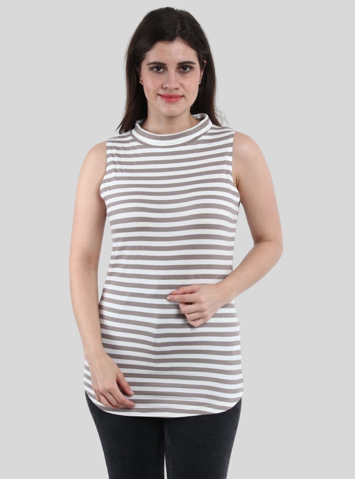 Women’s Grey Striped High Neck Top – Elegant Cotton Blend by Boer and Fitch - Boer and Fitch