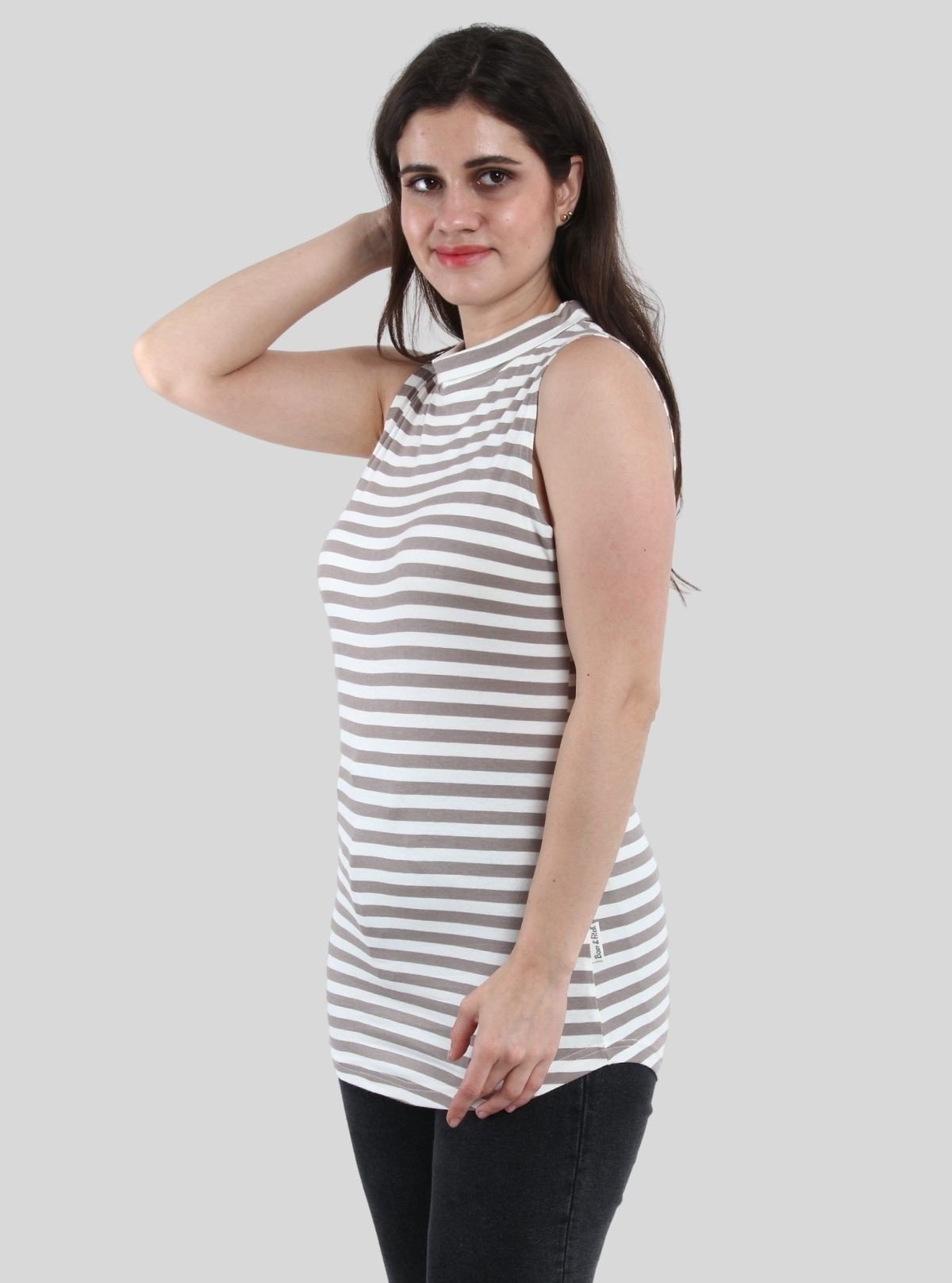 Women’s Grey Striped High Neck Top – Elegant Cotton Blend by Boer and Fitch - Boer and Fitch
