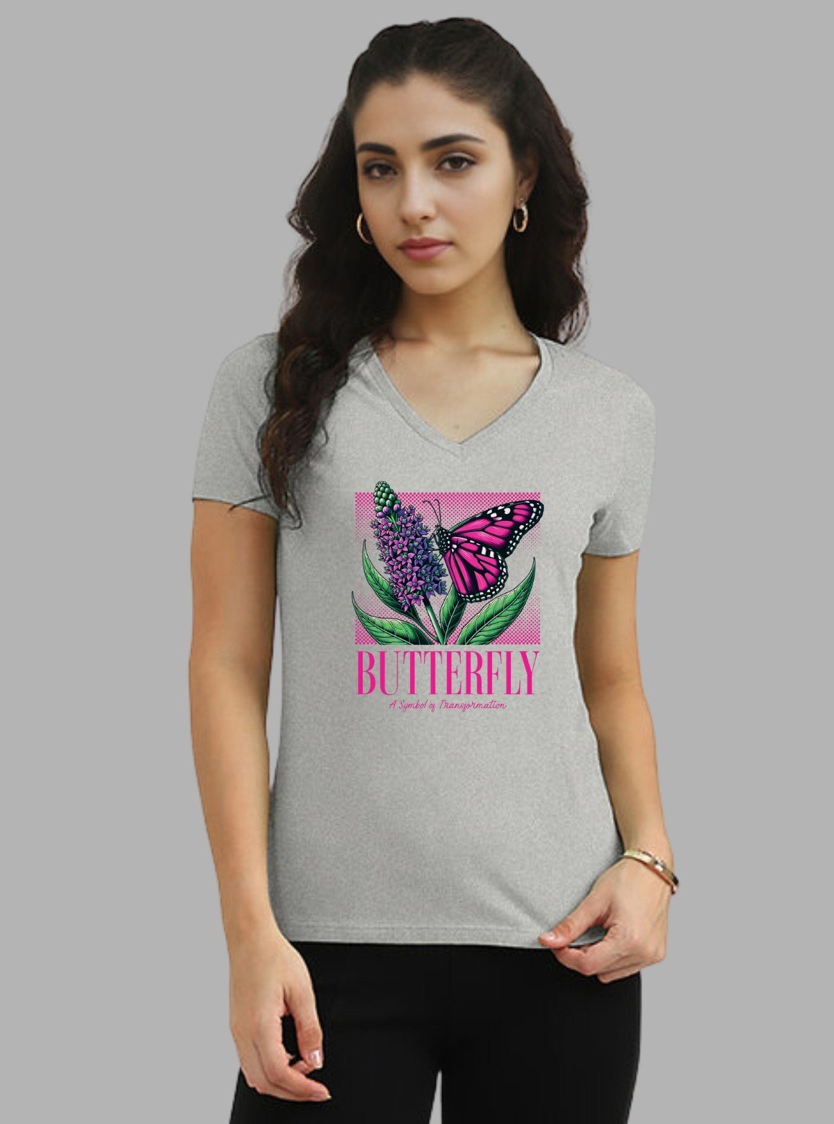 Women’s Grey V - Neck Chest Printed Short Sleeve Cotton Jersey T-Shirt by Boer and Fitch - Boer and Fitch