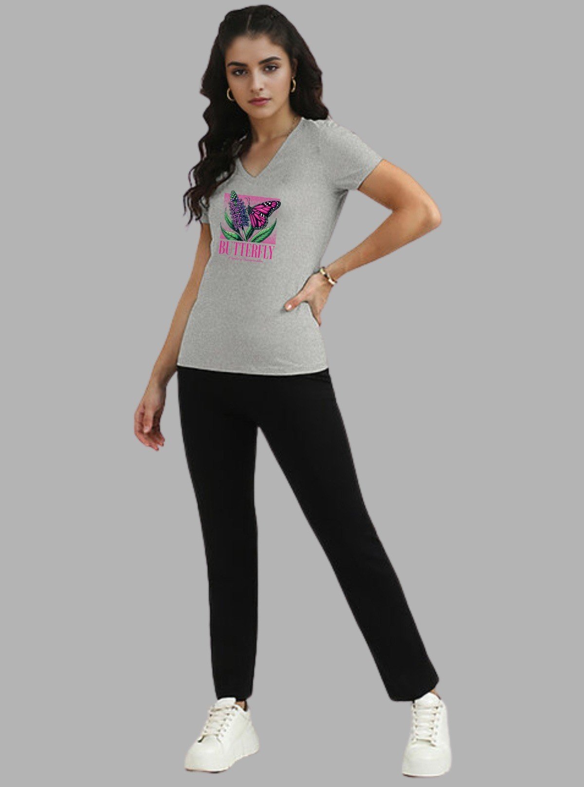 Women’s Grey V - Neck Chest Printed Short Sleeve Cotton Jersey T-Shirt by Boer and Fitch - Boer and Fitch
