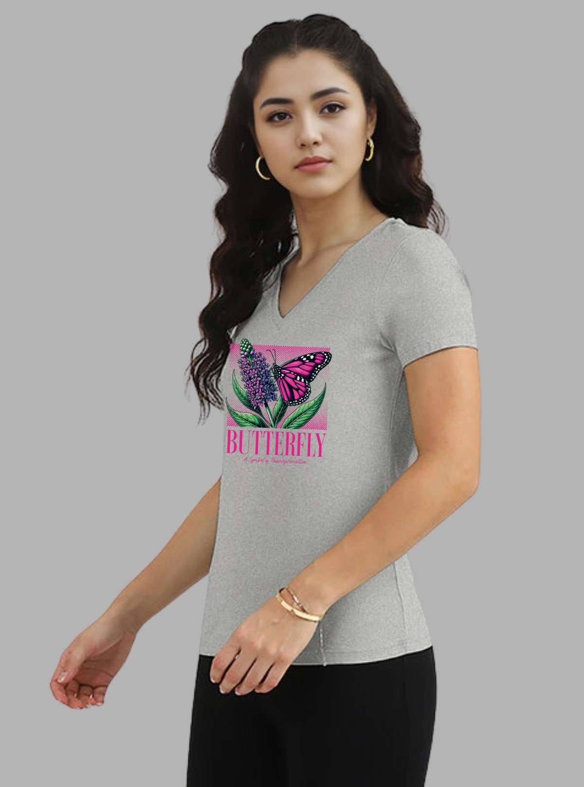 Women’s Grey V - Neck Chest Printed Short Sleeve Cotton Jersey T-Shirt by Boer and Fitch - Boer and Fitch
