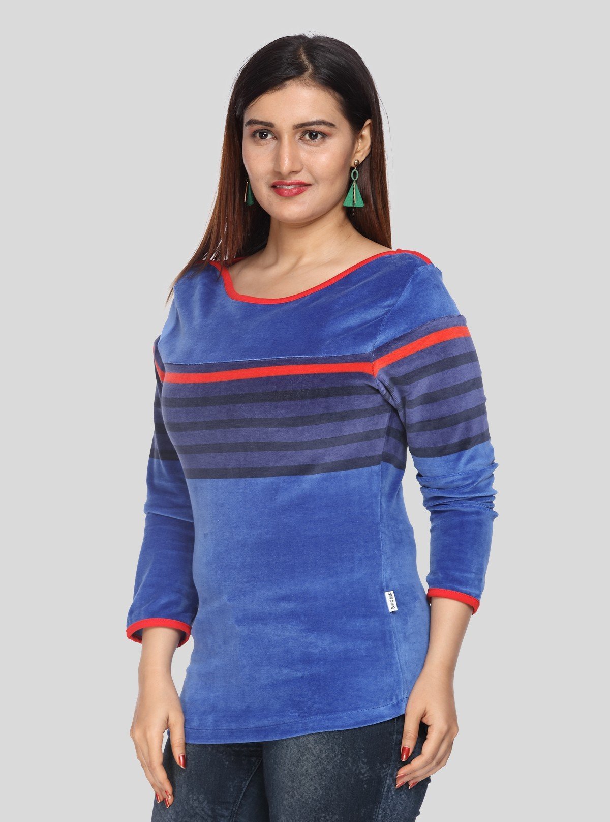 Women’s Ink Blue Engineered Stripe Sweat Top with Boat Neck – Cotton Blend - Boer and Fitch