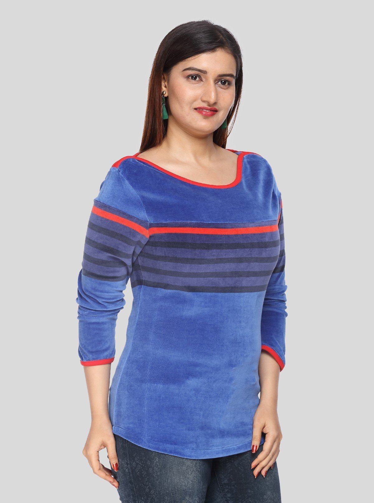 Women’s Ink Blue Engineered Stripe Sweat Top with Boat Neck – Cotton Blend - Boer and Fitch