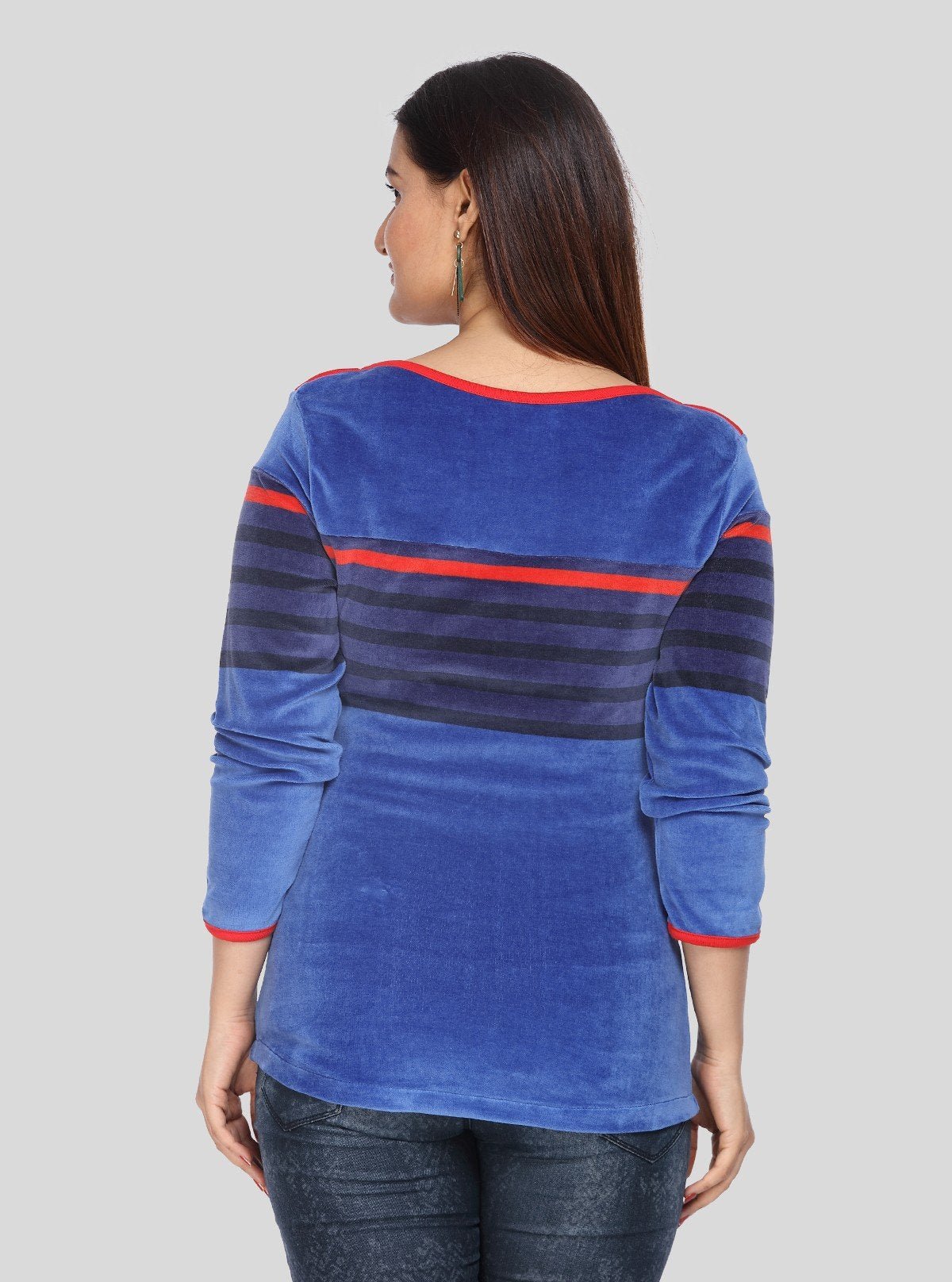 Women’s Ink Blue Engineered Stripe Sweat Top with Boat Neck – Cotton Blend - Boer and Fitch
