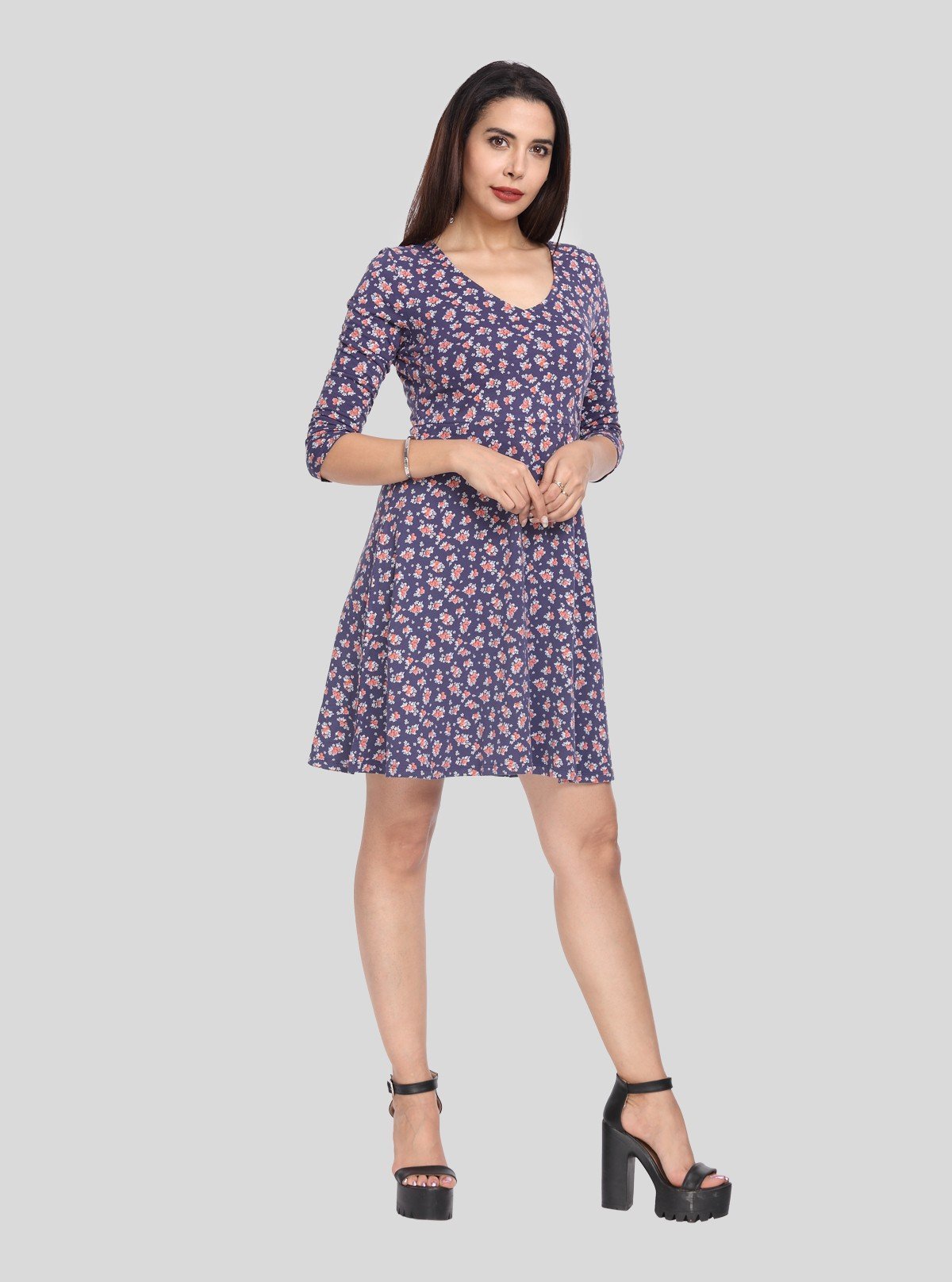 Women's Ink Blue Floral Printed Cotton Feather Touch Dress - Boer and Fitch