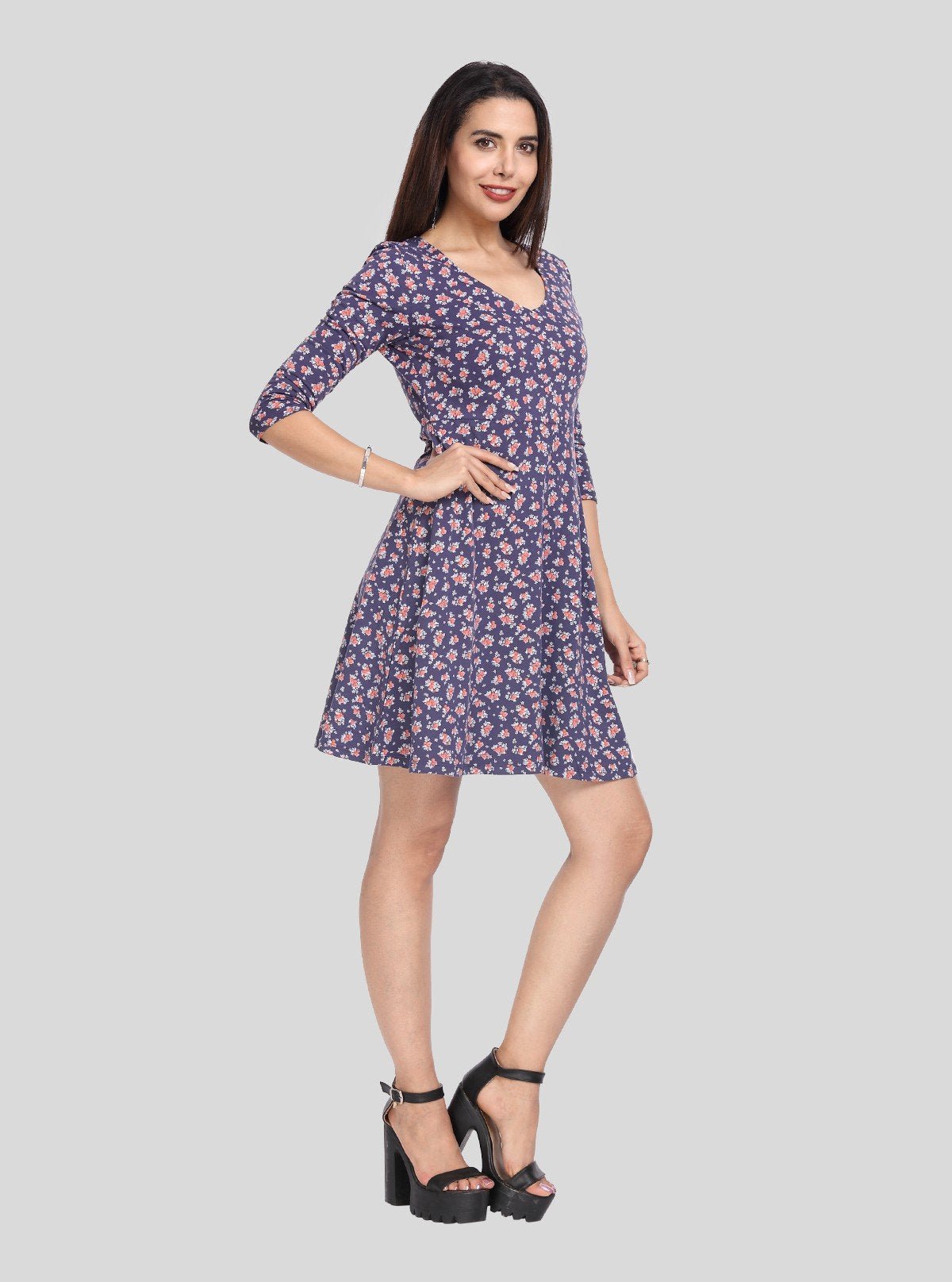 Women's Ink Blue Floral Printed Cotton Feather Touch Dress - Boer and Fitch
