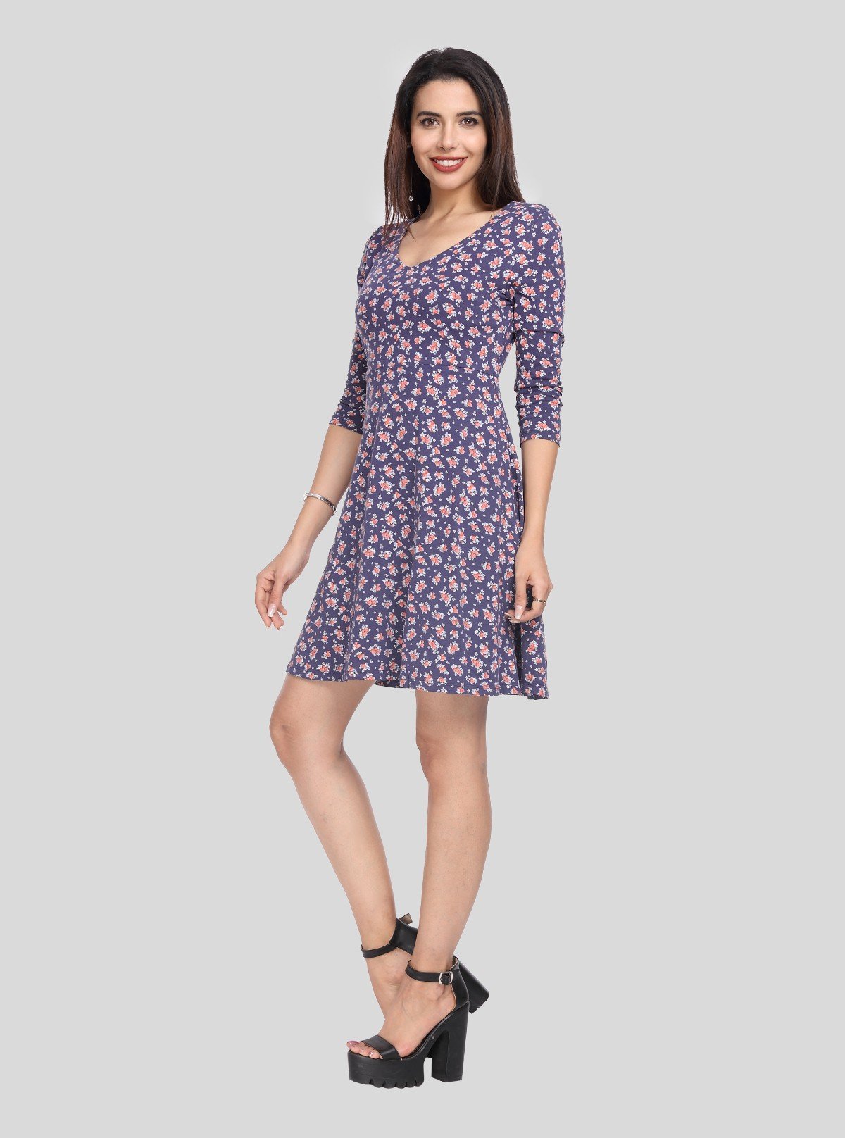 Women's Ink Blue Floral Printed Cotton Feather Touch Dress - Boer and Fitch