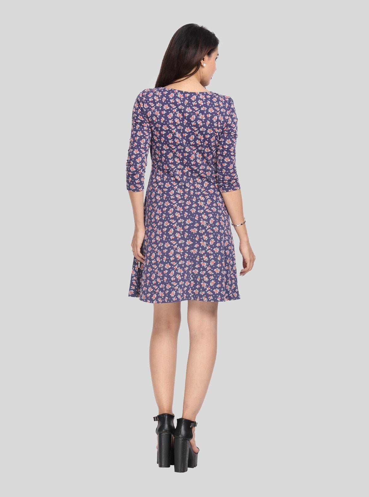 Women's Ink Blue Floral Printed Cotton Feather Touch Dress - Boer and Fitch