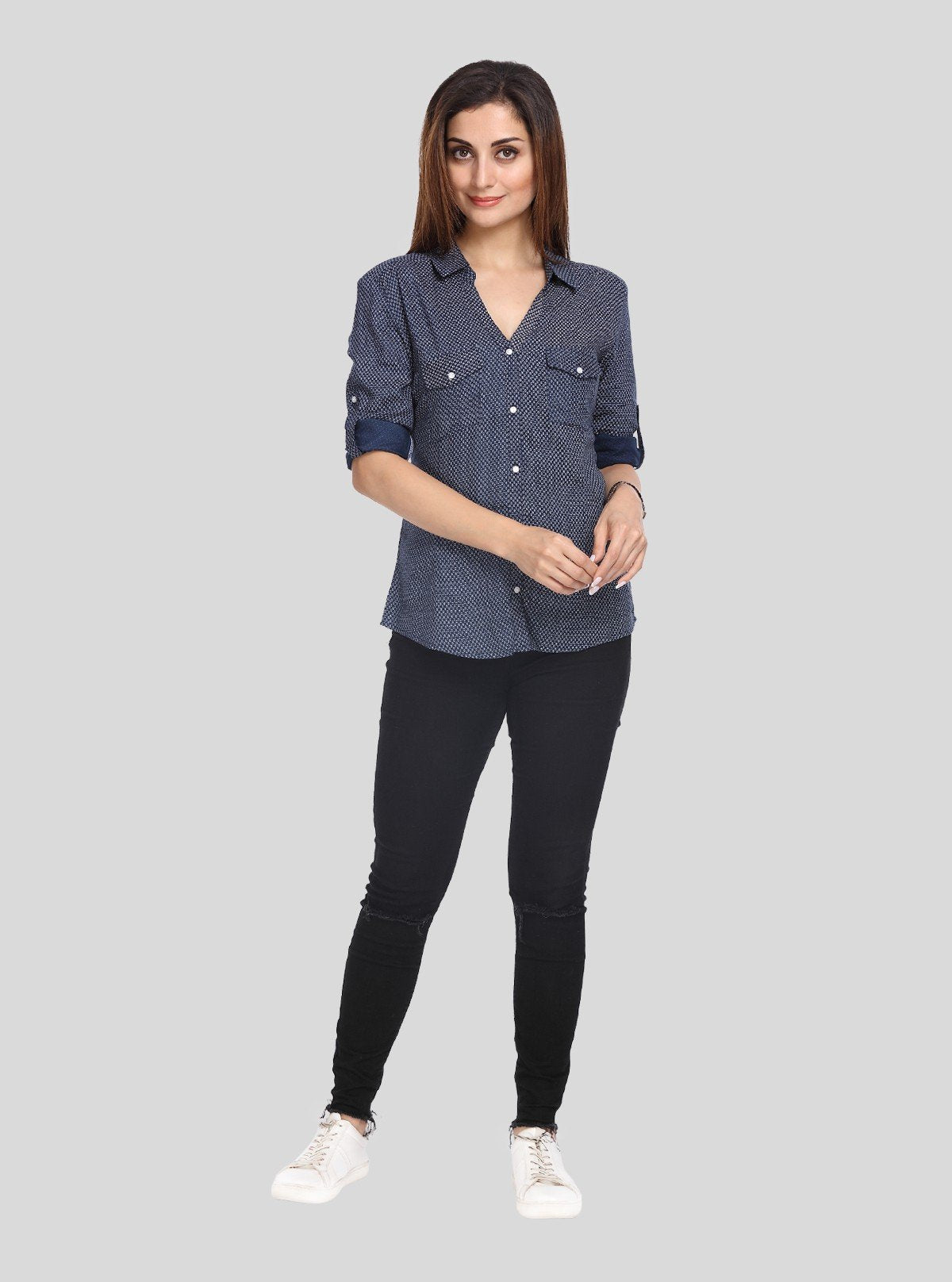 Women’s Ink Blue Long Sleeve Polka Dot Shirt by Boer and Fitch - Boer and Fitch