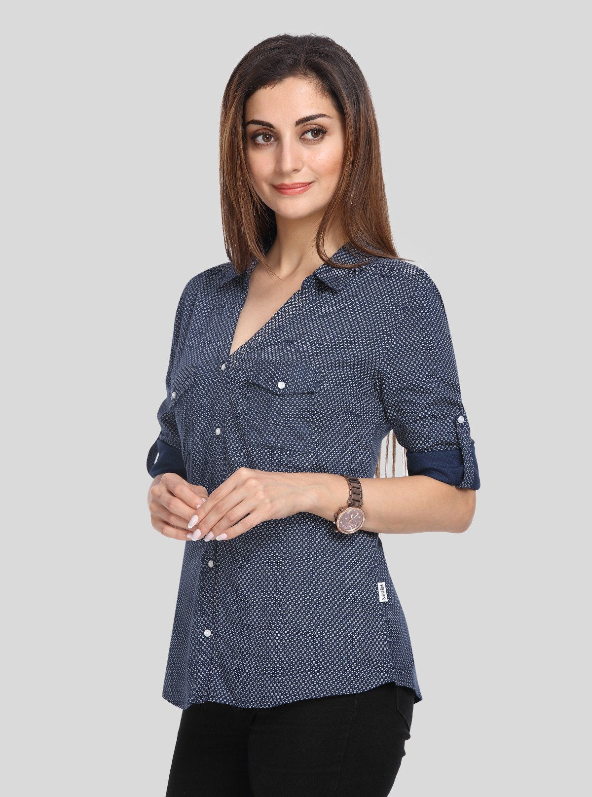 Women’s Ink Blue Long Sleeve Polka Dot Shirt by Boer and Fitch - Boer and Fitch