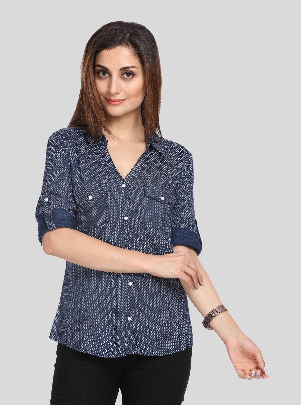 Women’s Ink Blue Long Sleeve Polka Dot Shirt by Boer and Fitch - Boer and Fitch