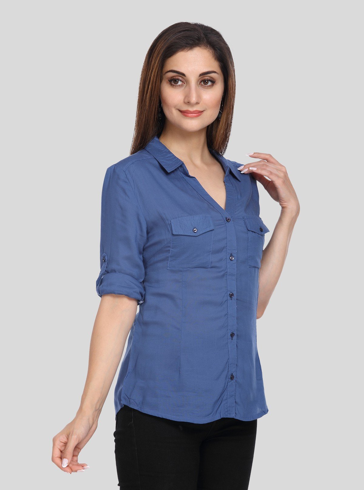 Women’s Ink Blue Solid Long Sleeve Cotton Shirt – Boer and Fitch - Boer and Fitch