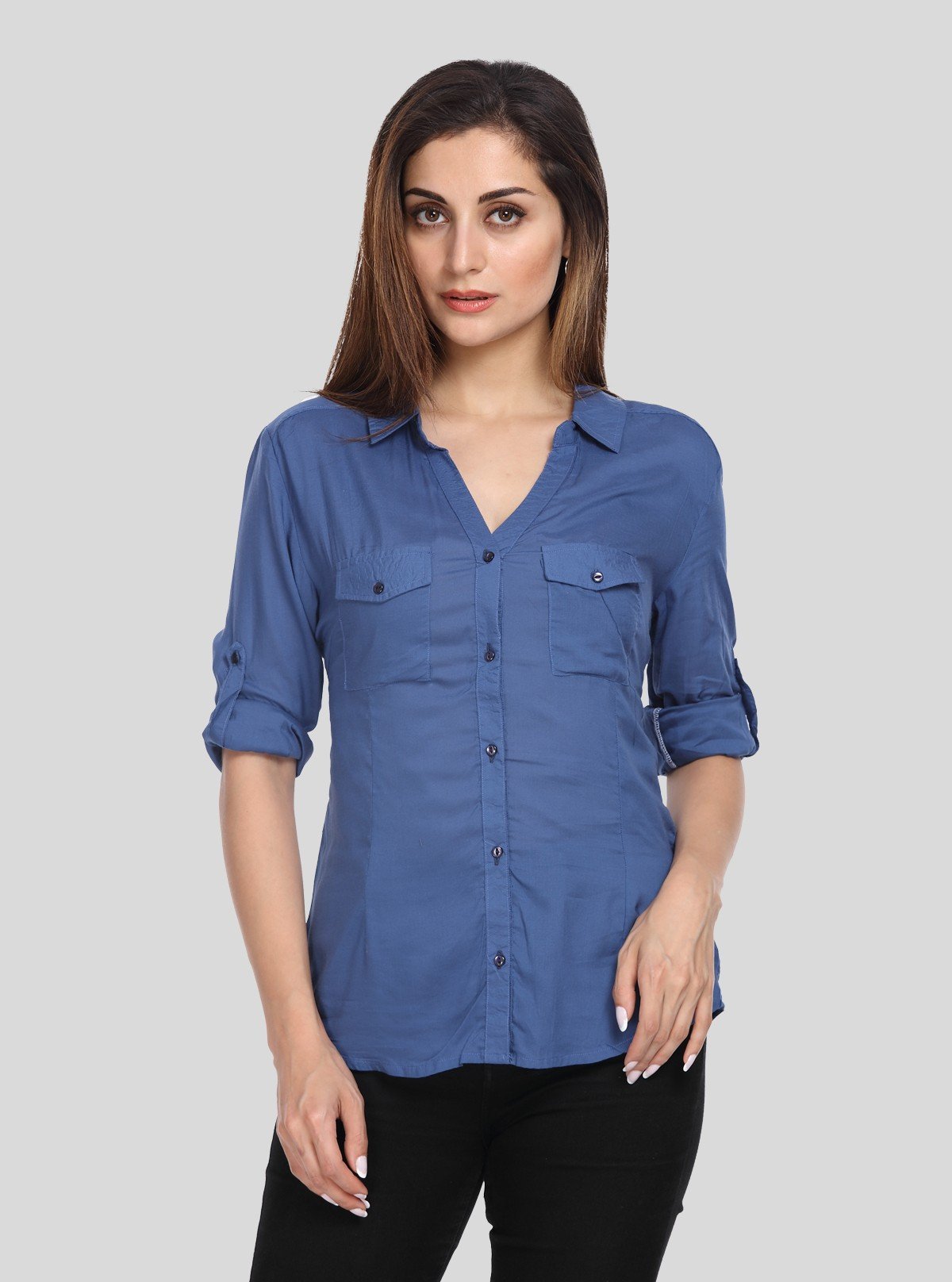 Women’s Ink Blue Solid Long Sleeve Cotton Shirt – Boer and Fitch - Boer and Fitch