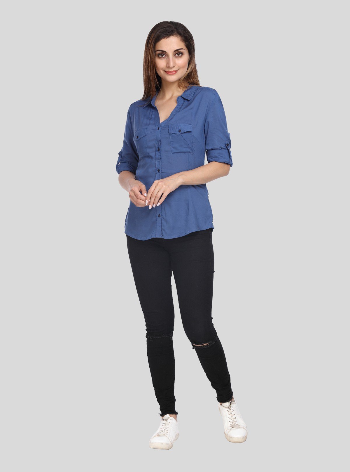Women’s Ink Blue Solid Long Sleeve Cotton Shirt – Boer and Fitch - Boer and Fitch