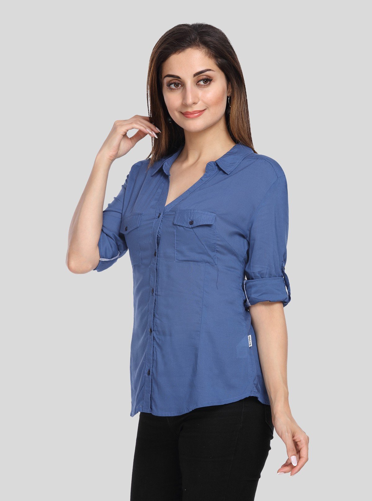 Women’s Ink Blue Solid Long Sleeve Cotton Shirt – Boer and Fitch - Boer and Fitch