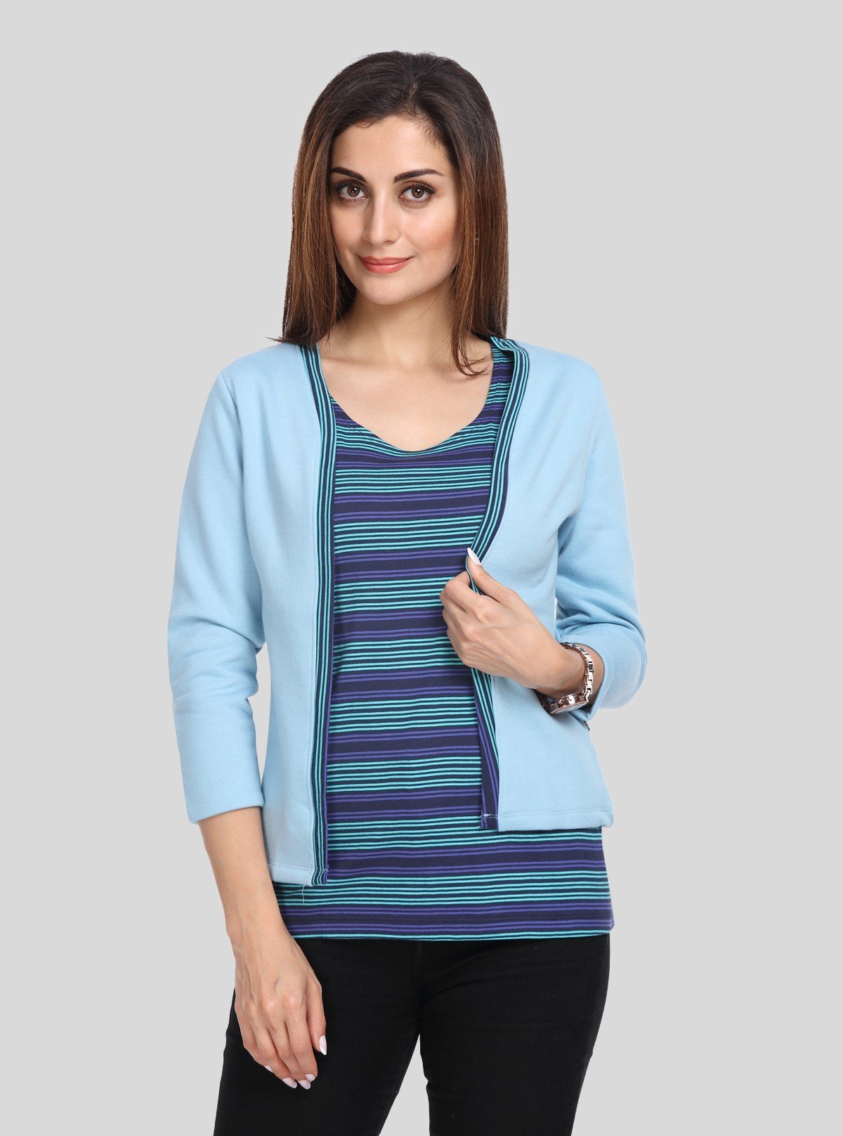 Women's Light Blue Cotton Shrug with Navy Striped Inner Top Set – Boer and Fitch - Boer and Fitch