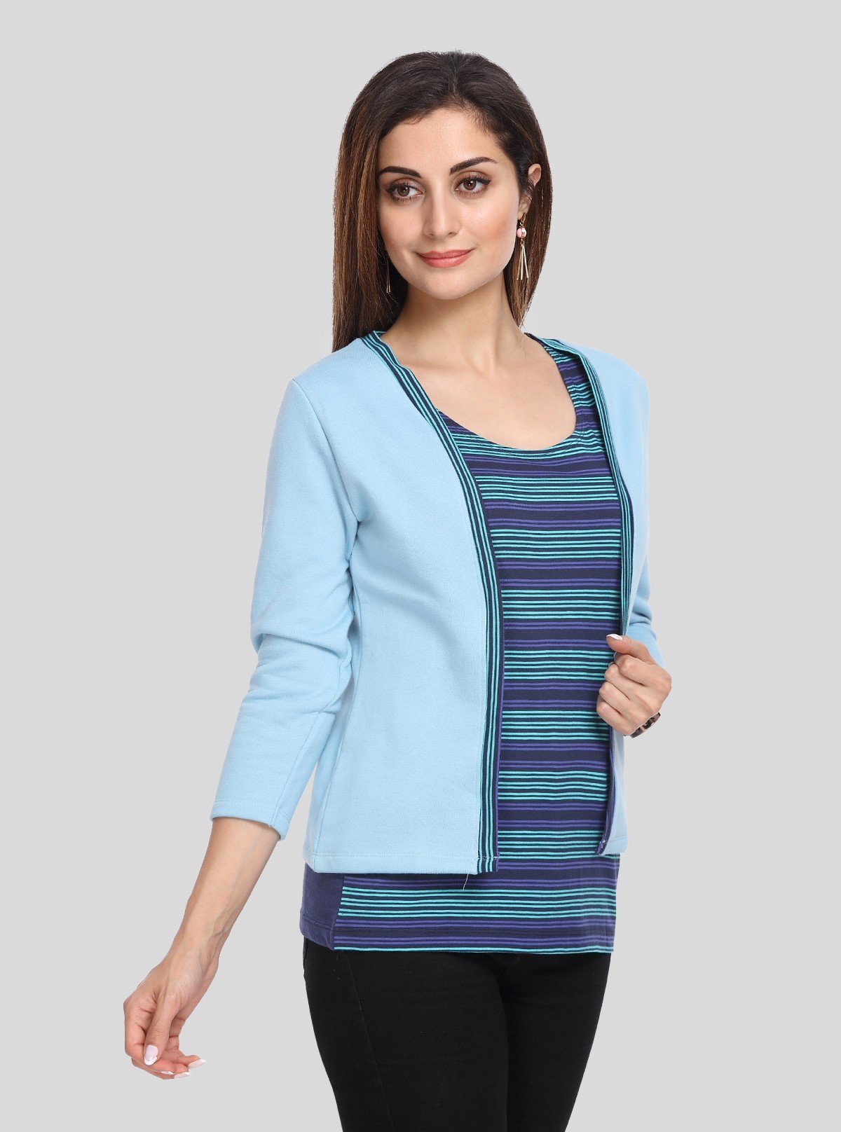 Women's Light Blue Cotton Shrug with Navy Striped Inner Top Set – Boer and Fitch - Boer and Fitch