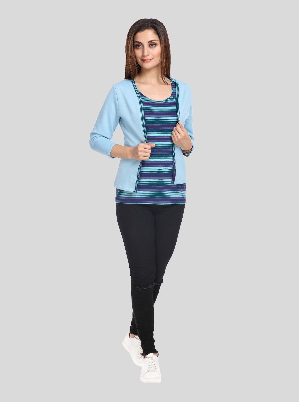 Women's Light Blue Cotton Shrug with Navy Striped Inner Top Set – Boer and Fitch - Boer and Fitch