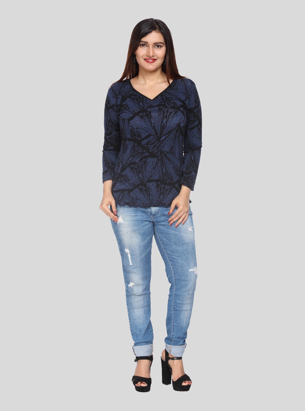 Women's Light Blue Printed Long Sleeve Top in Cotton Jersey Blend | Boer & Fitch - Boer and Fitch
