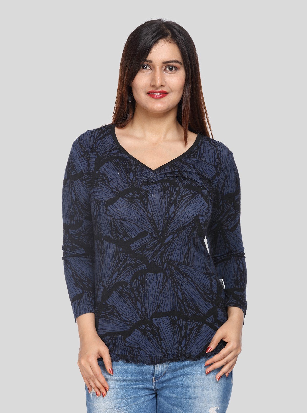 Women's Light Blue Printed Long Sleeve Top in Cotton Jersey Blend | Boer & Fitch - Boer and Fitch