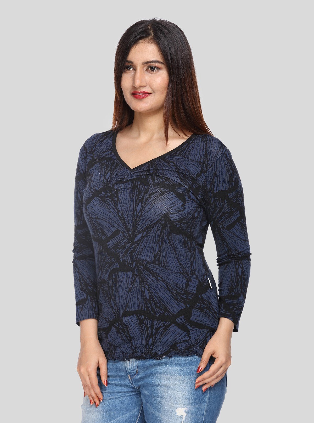 Women's Light Blue Printed Long Sleeve Top in Cotton Jersey Blend | Boer & Fitch - Boer and Fitch