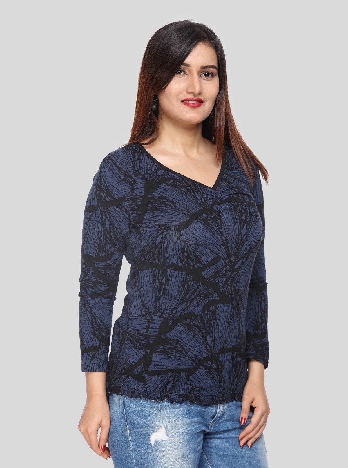 Women's Light Blue Printed Long Sleeve Top in Cotton Jersey Blend | Boer & Fitch - Boer and Fitch