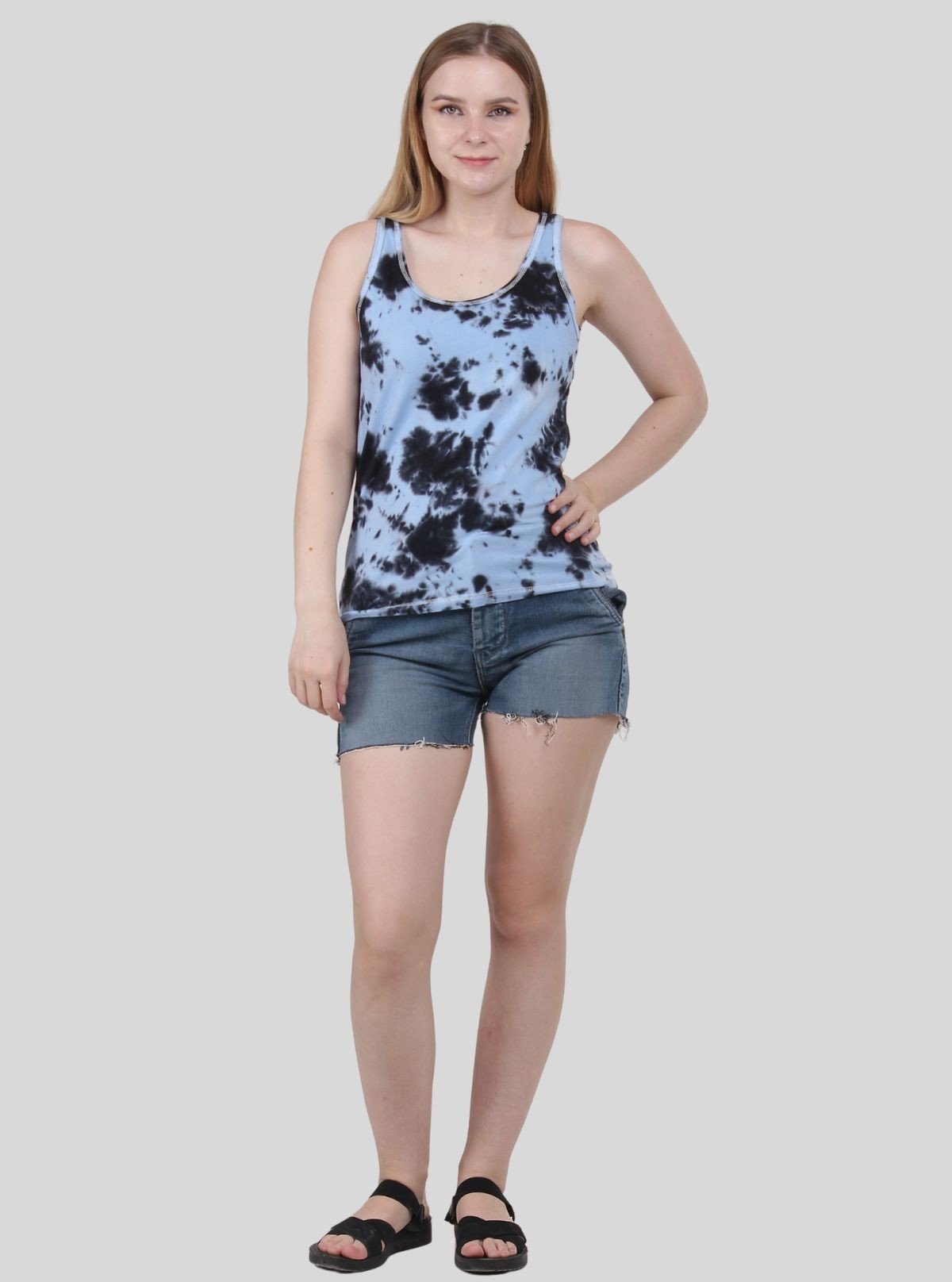 Women's Light Blue Tie and Dye Sleeveless Cotton Elastane Jersey Top by Boer & Fitch - Boer and Fitch