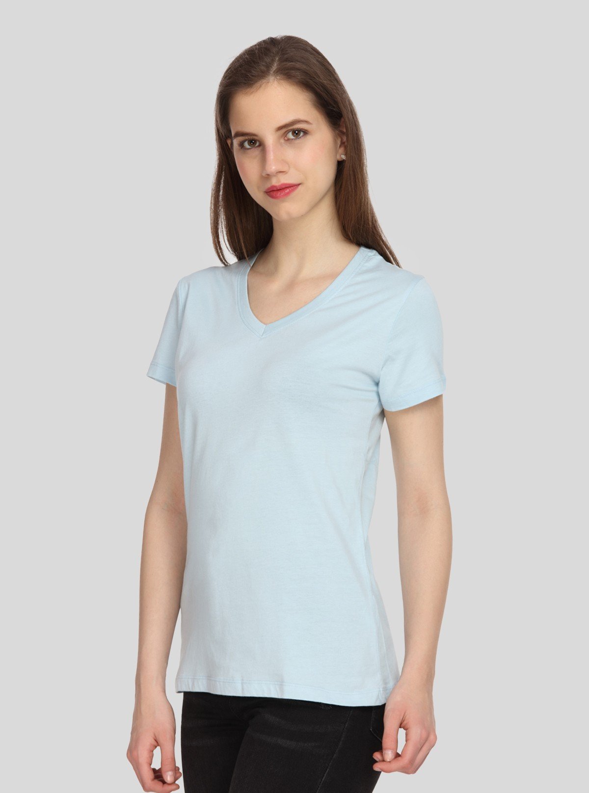 Women's Light Blue V - Neck T-Shirt in 100% Cotton Jersey Fabric - Boer and Fitch