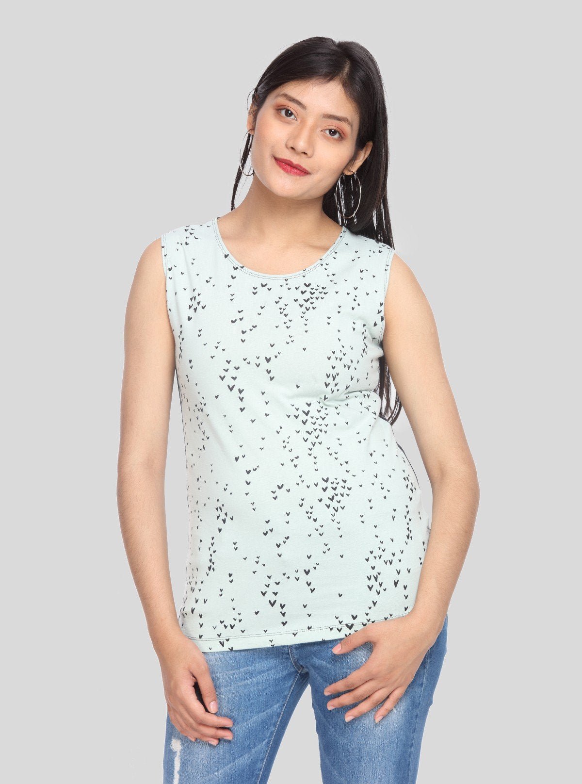 Women’s Light Green Heart Printed Top – Stylish Cotton Blend by Boer and Fitch - Boer and Fitch