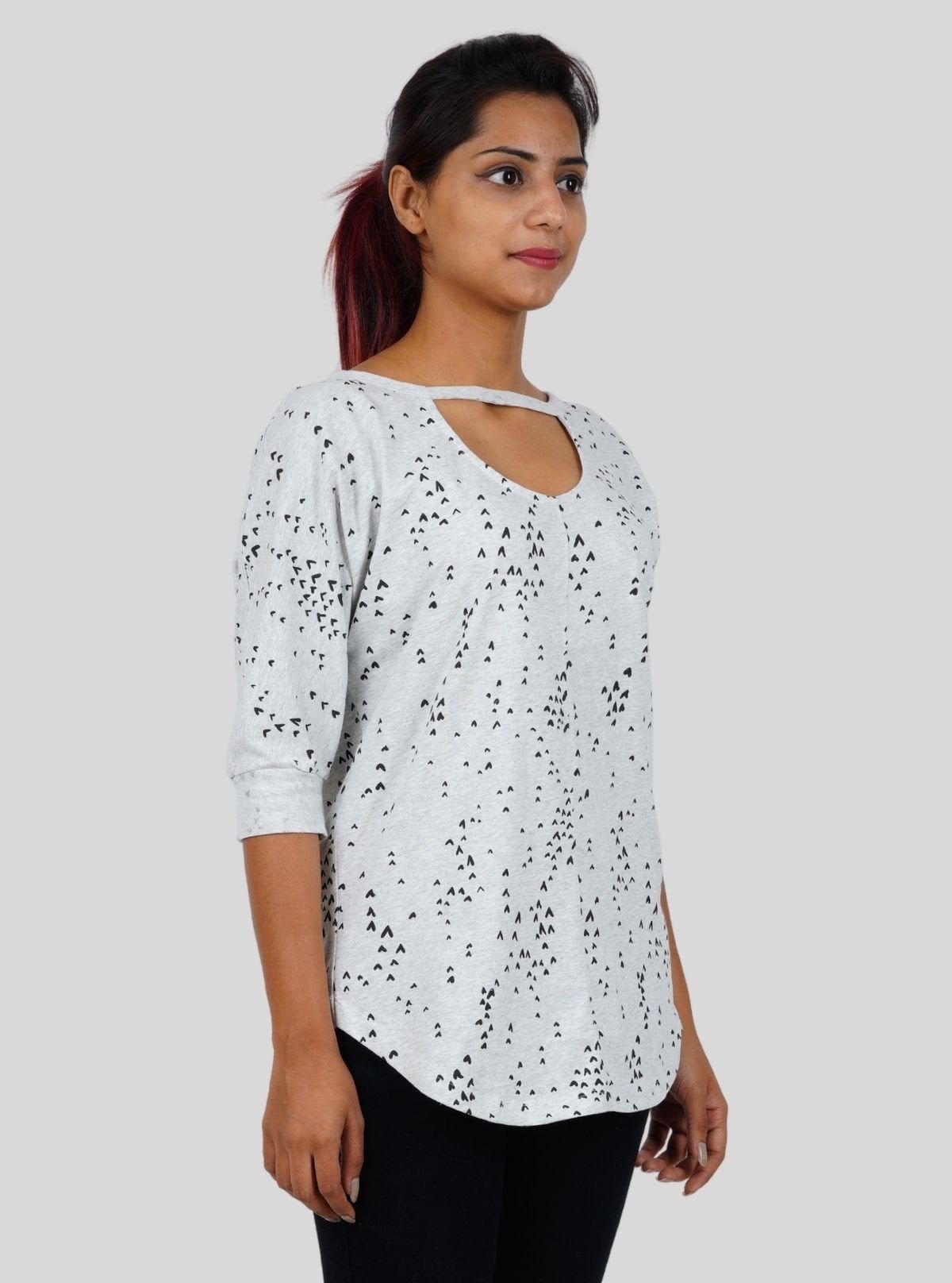Women's Light Grey Heart Print T-Shirt with Neck Strap – 3/4 Sleeve - Boer and Fitch
