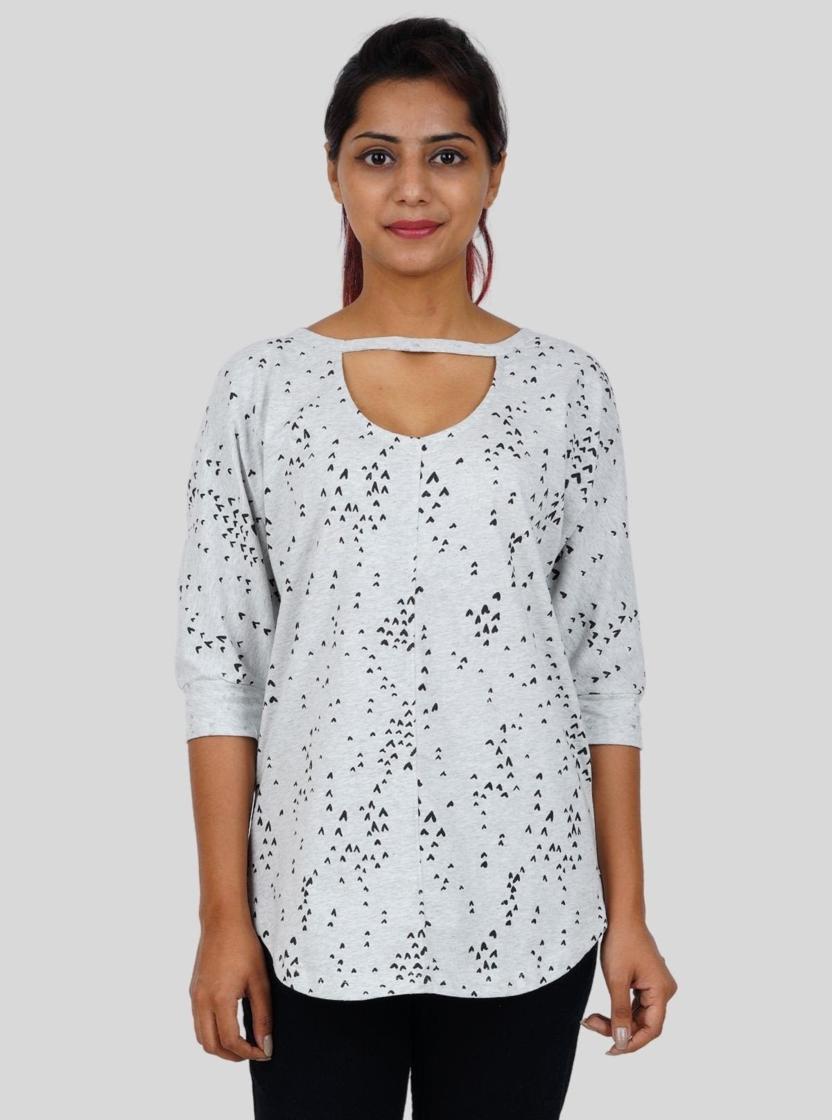 Women's Light Grey Heart Print T-Shirt with Neck Strap – 3/4 Sleeve - Boer and Fitch