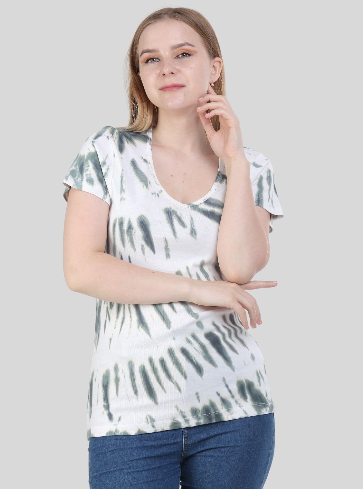 Women’s Light Grey Tie and Dye V - Neck Short Sleeve Cotton Jersey T-Shirt by Boer and Fitch - Boer and Fitch