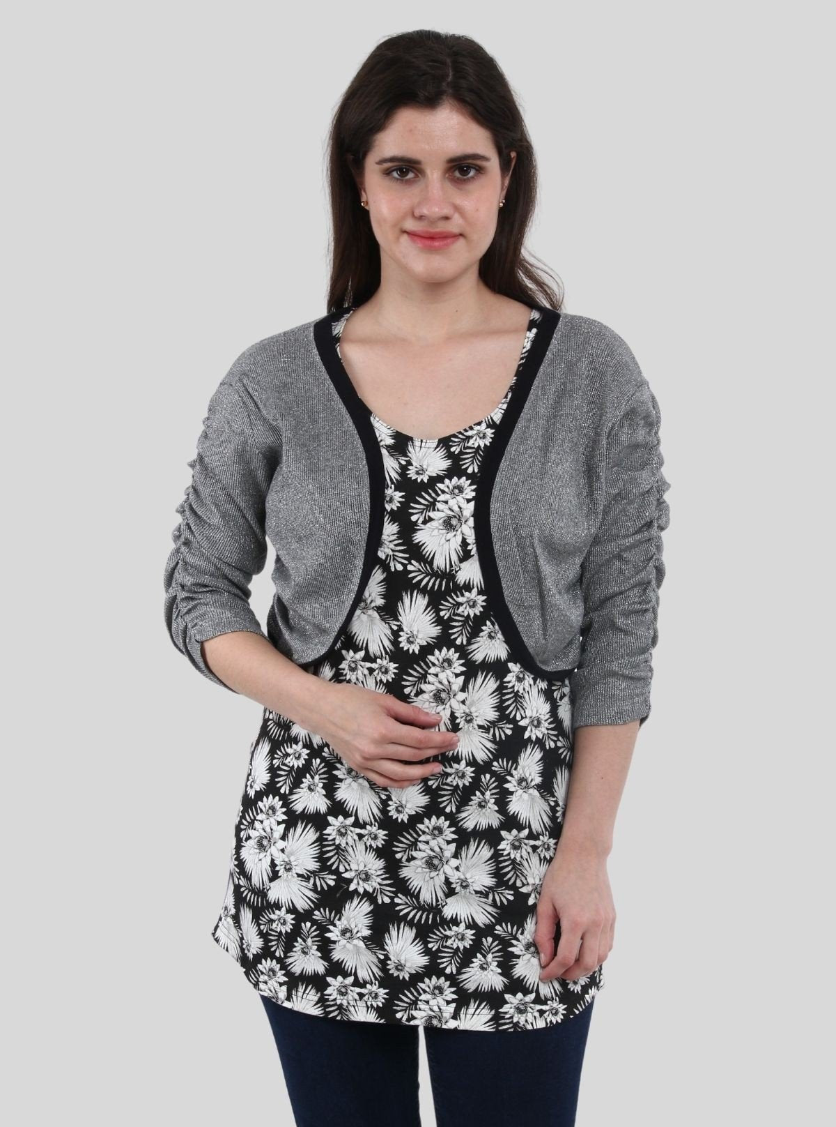 Women's Lurex Overcoat with Floral Printed Inner in Cotton Feather Fabric - Boer and Fitch