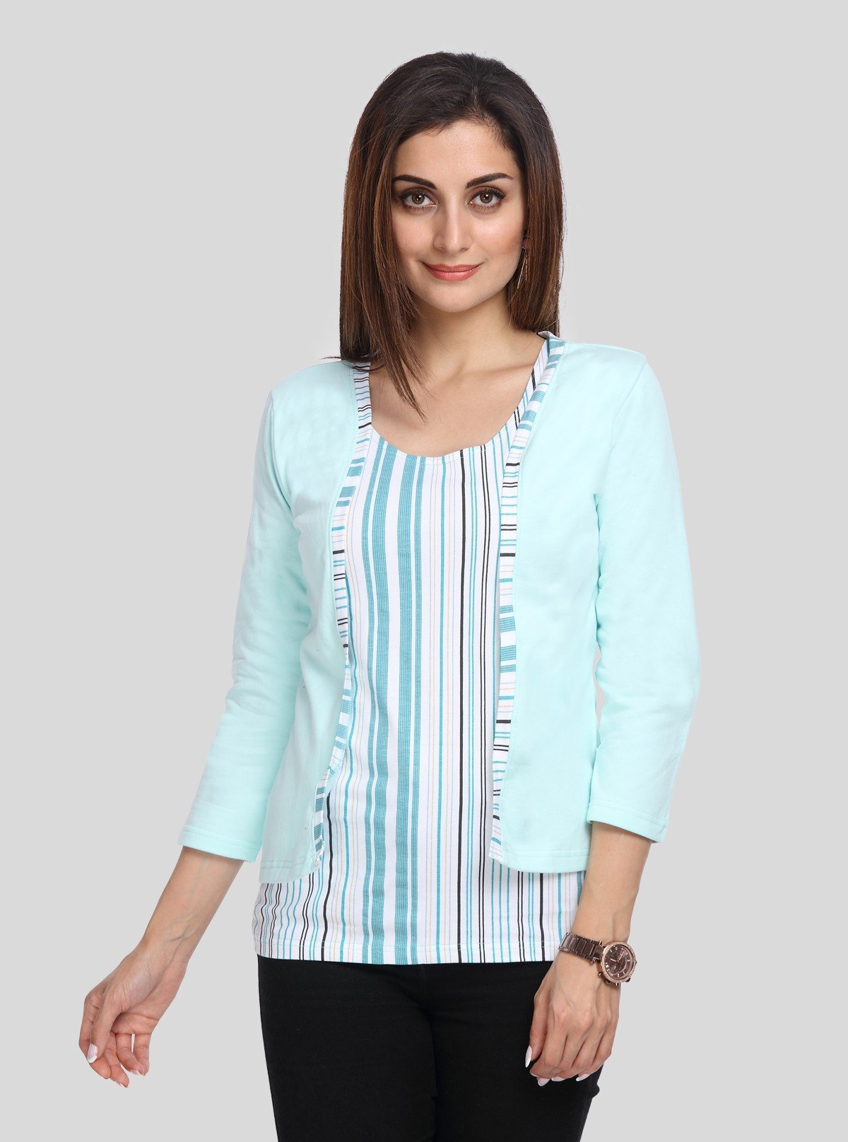 Women's Mint Green Cotton Shrug with Striped Inner Top – Boer and Fitch - Boer and Fitch