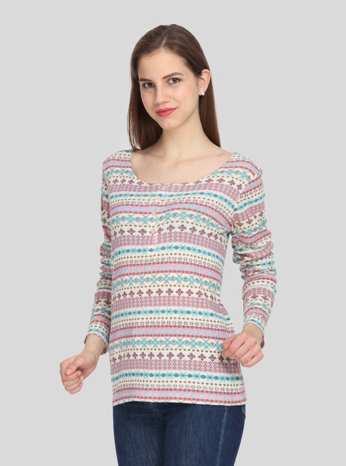 Women's Multicolor Print Scoop Neck Cotton Waffle Knit Buttoned Top - Boer and Fitch